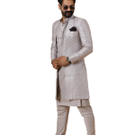 Handmade Lilac Geometrical Sequin Embroidered Open Sherwani with Kurta-Pajama Set | Father Son Combo | Jaipurio Collection